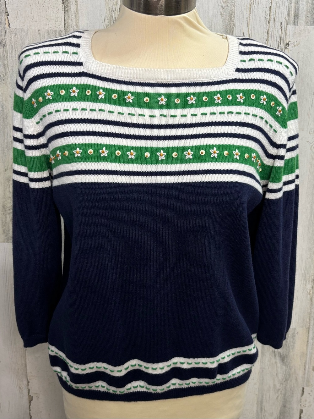 Alfred Dunner Navy, White & Green Striped Crewneck Sweater